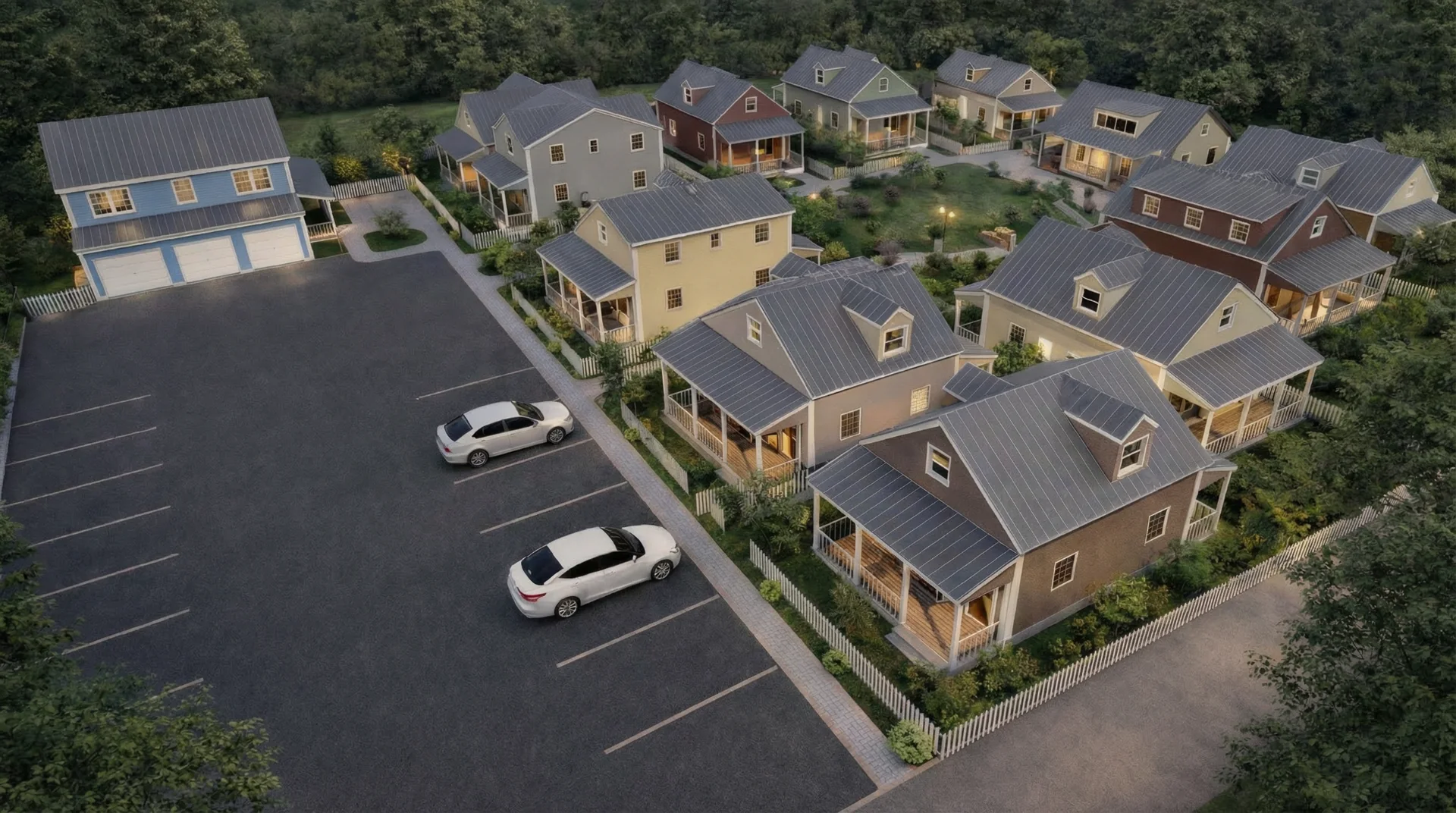 Conceptual aerial view of Ravenscroft Village Phase One homes and shared green
