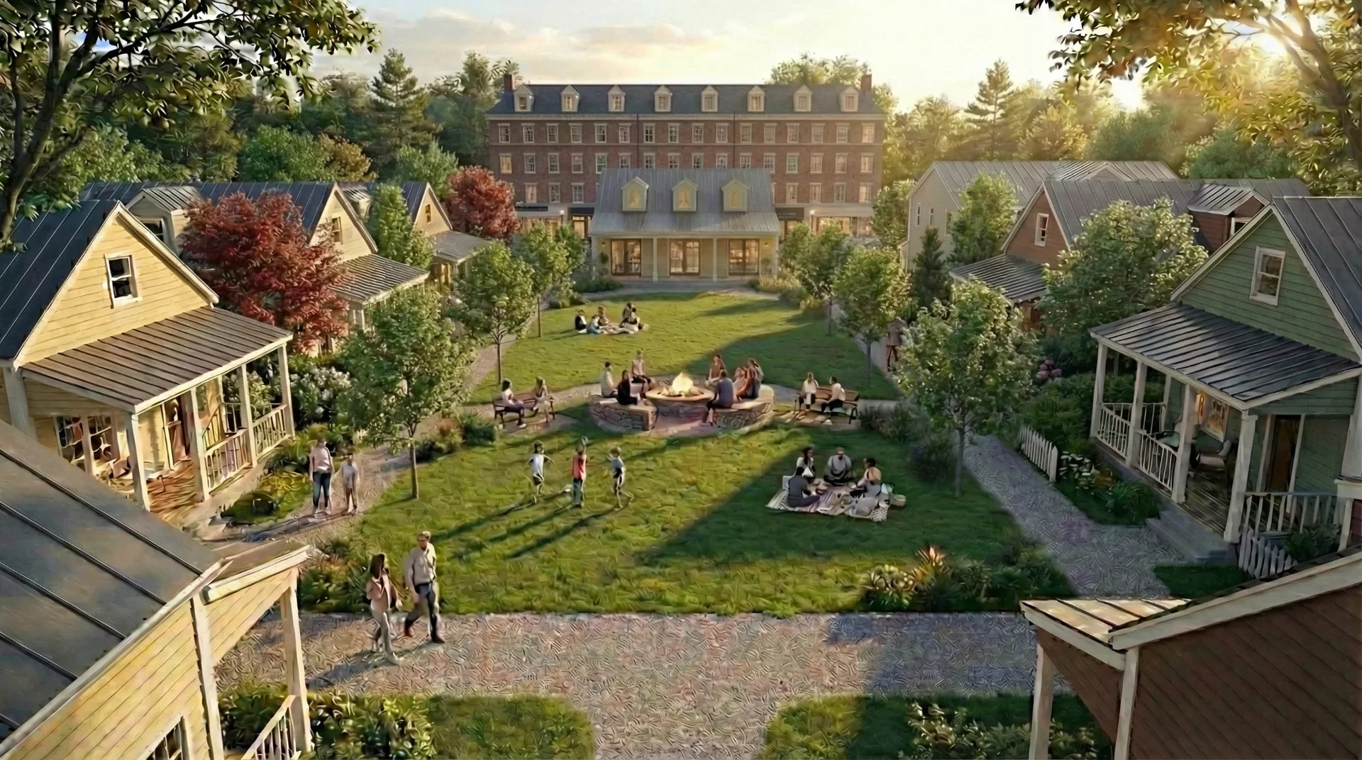 Conceptual daytime view across the central shared green at Ravenscroft Village