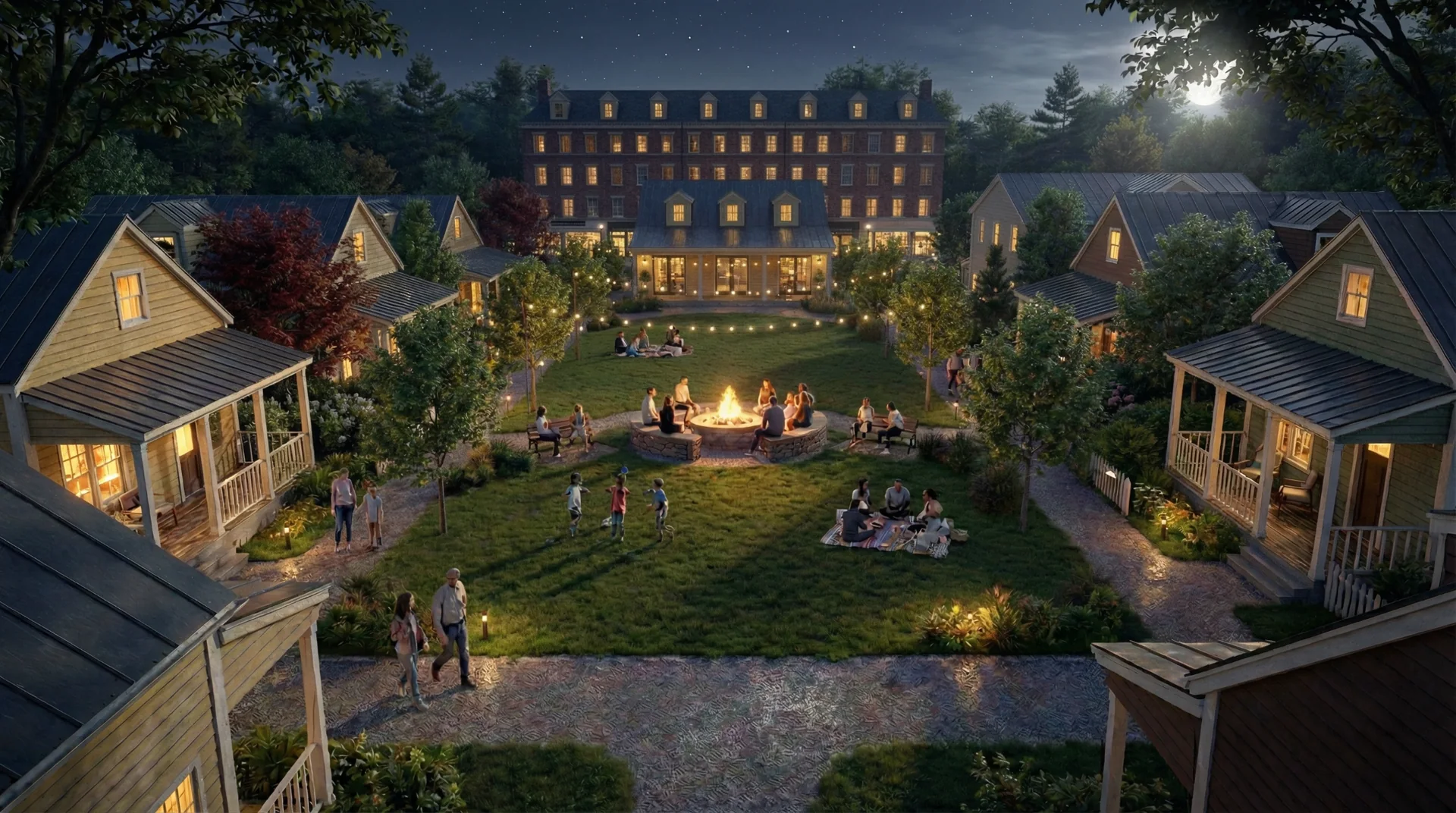 Conceptual evening view of neighbors gathering around the shared green and fire pit