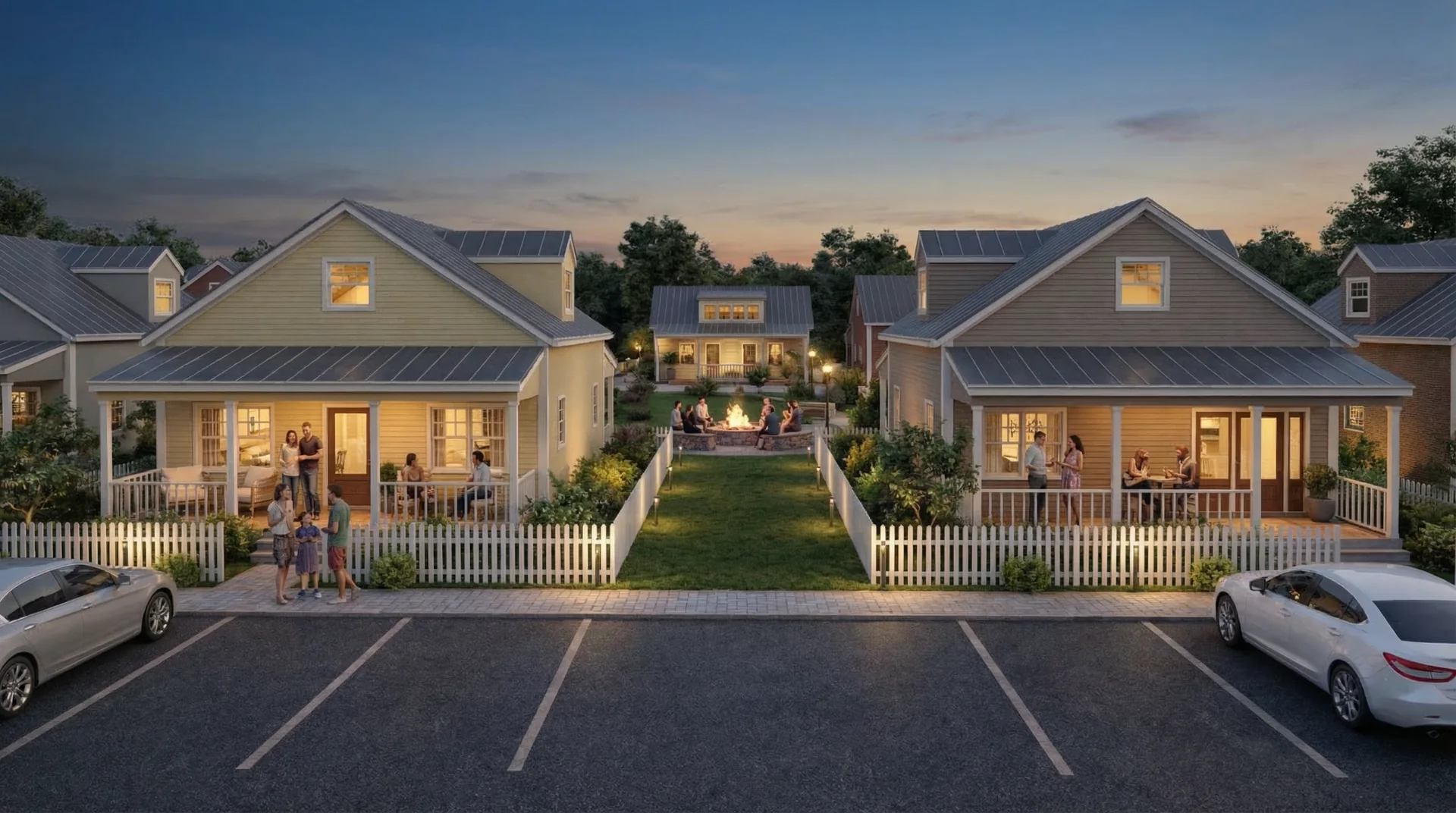 Conceptual view of two cottage-scale Ravenscroft Village homes at dusk