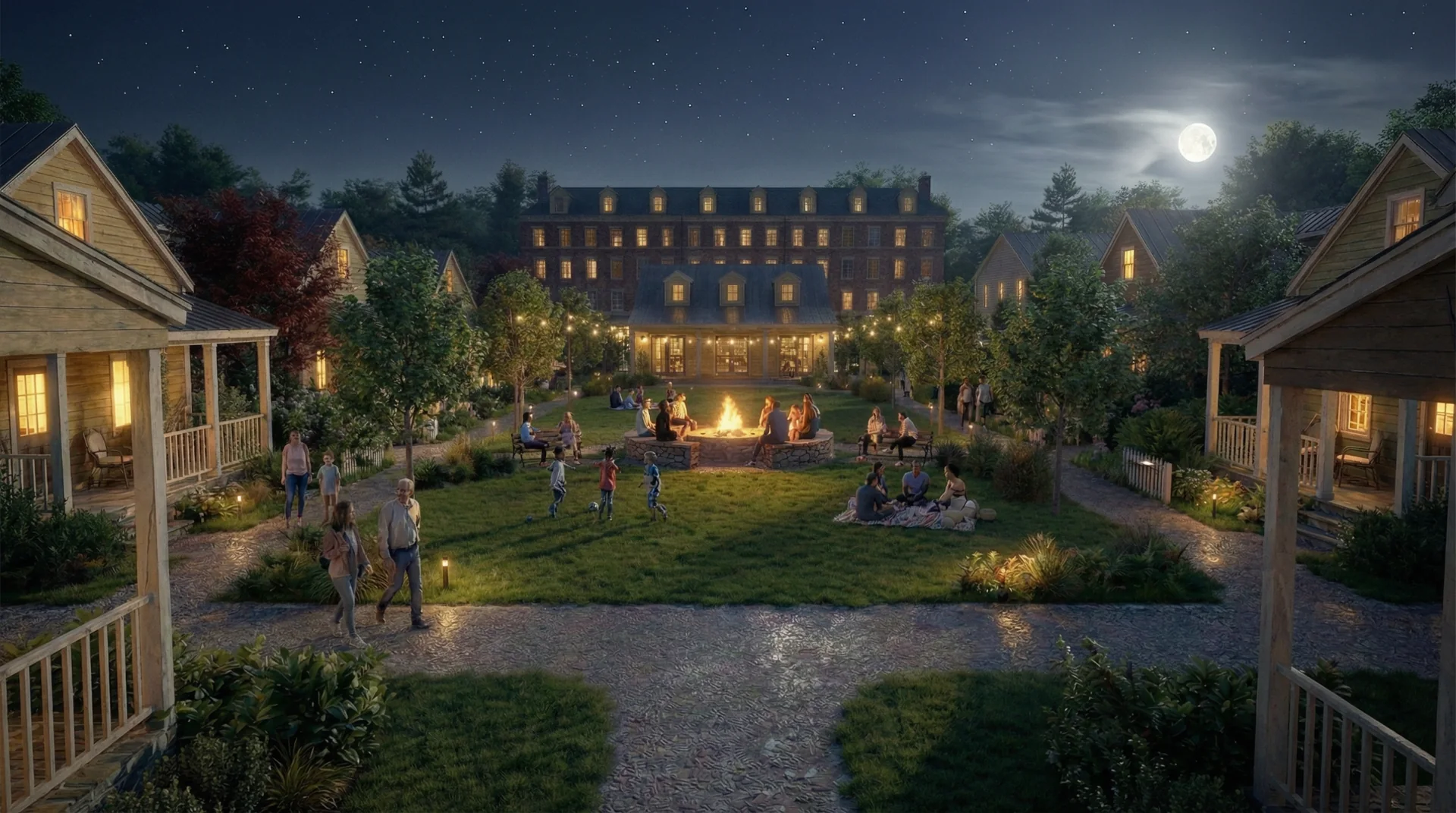Conceptual evening view of Ravenscroft Village homes surrounding a shared green