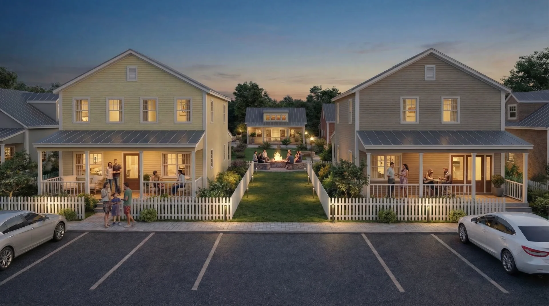 Conceptual street-level view of two Ravenscroft Village homes facing a shared lawn