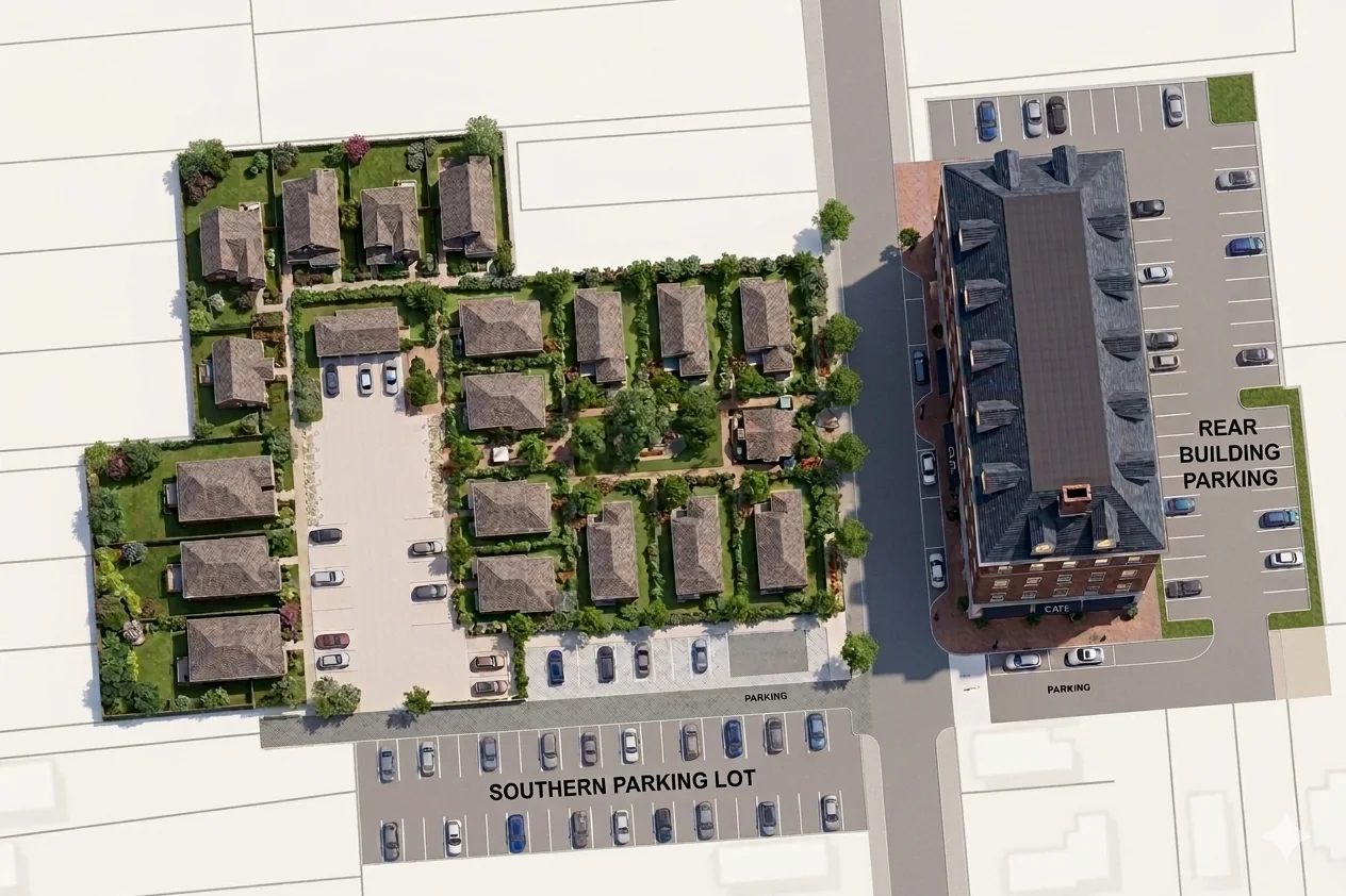 Conceptual overall plan showing Phase One homes and a future mixed-use building across Harrison Street